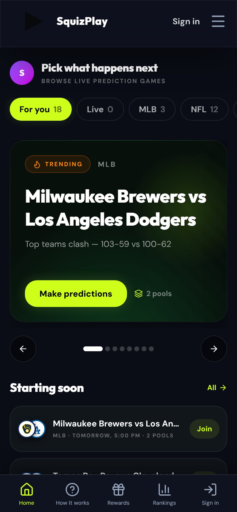 SquizPlay mobile experience for live sports predictions, trivia and rewards.