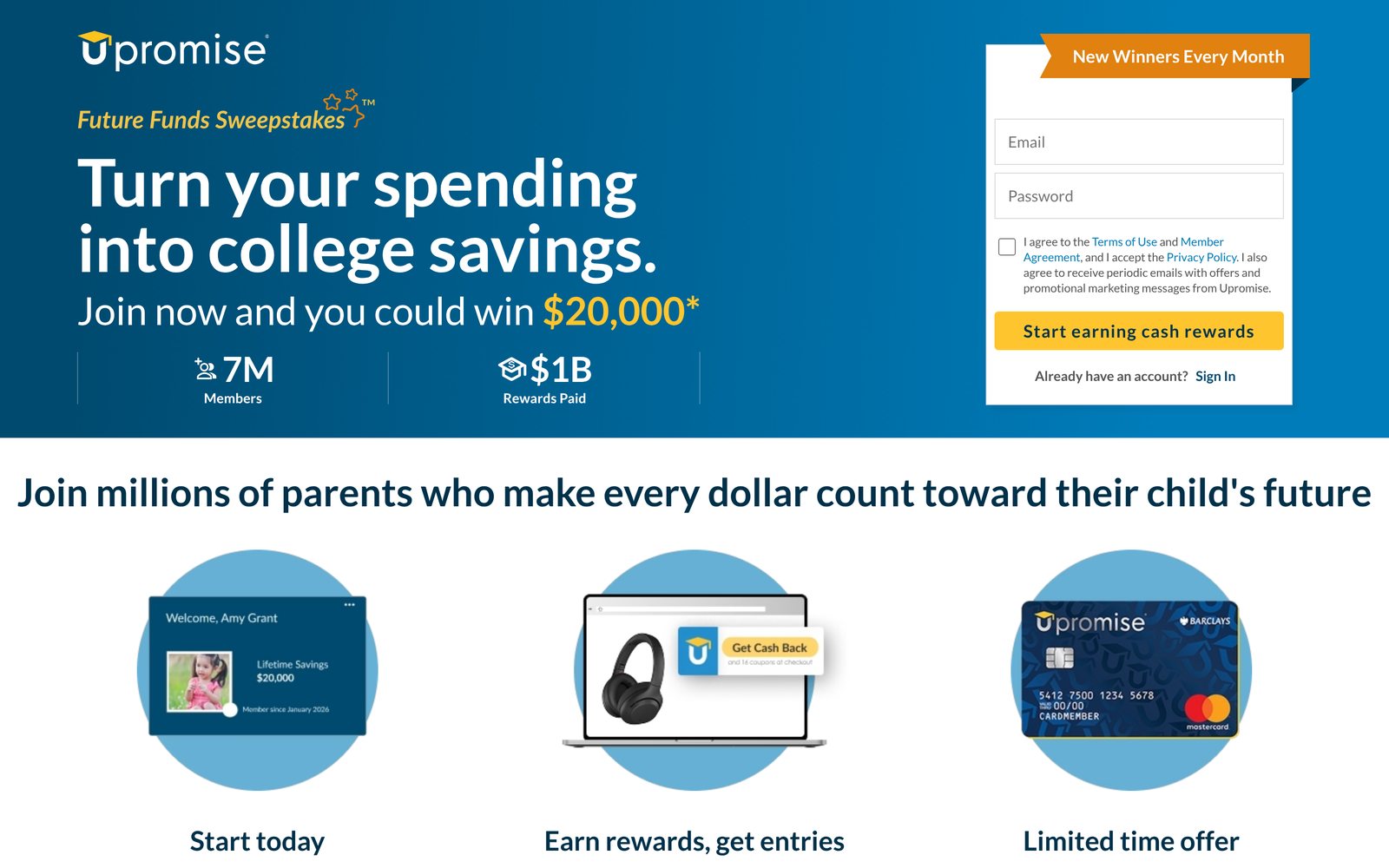 Upromise acquisition landing page and sign-up funnel.