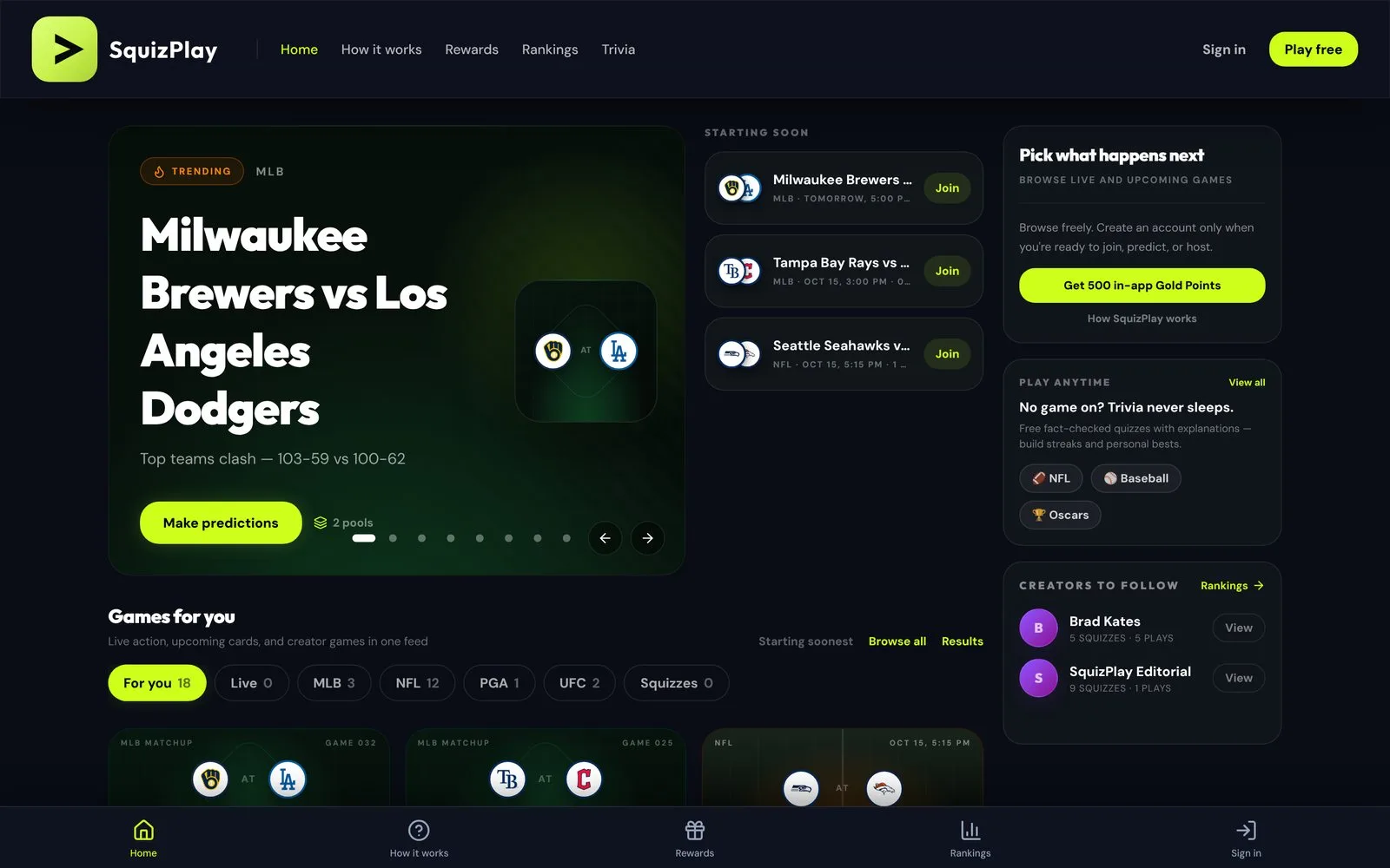 SquizPlay home page showing live sports predictions, trivia and rewards.