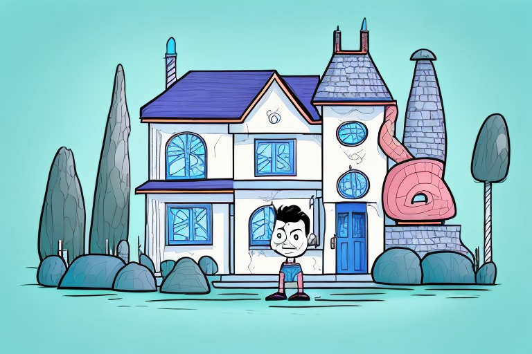 A house with a cartoon character standing beside it